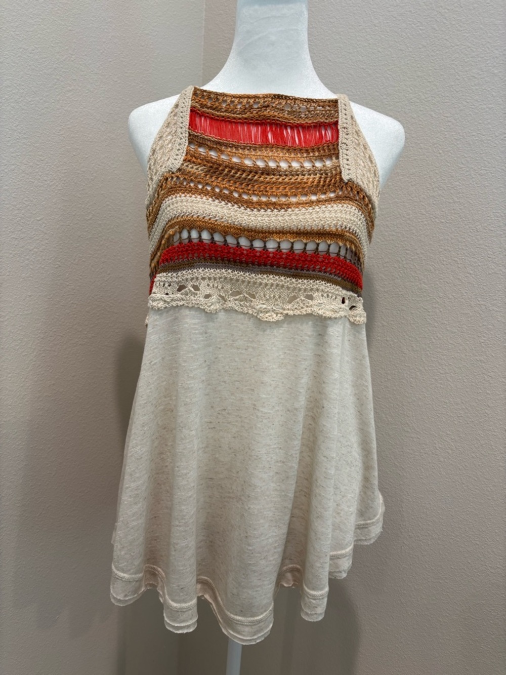 Free People Crochet Yoke Cream Tank Top with Red & Brown Accent